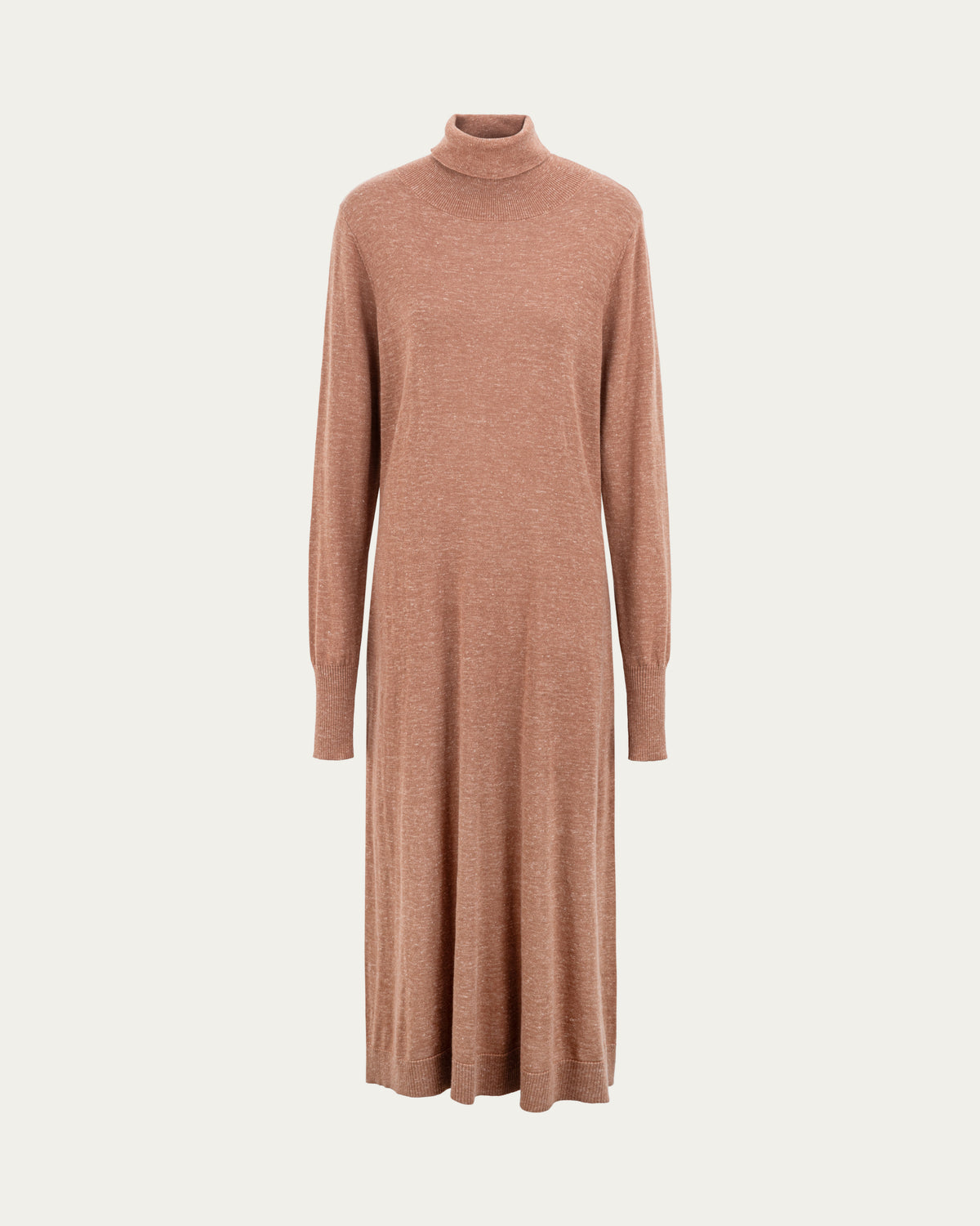 Juana Turtleneck Maxi Dress in Chestnut (merino wool–hemp–silk blend) shown from the front with its turtleneck, bishop sleeves, and A-line skirt.