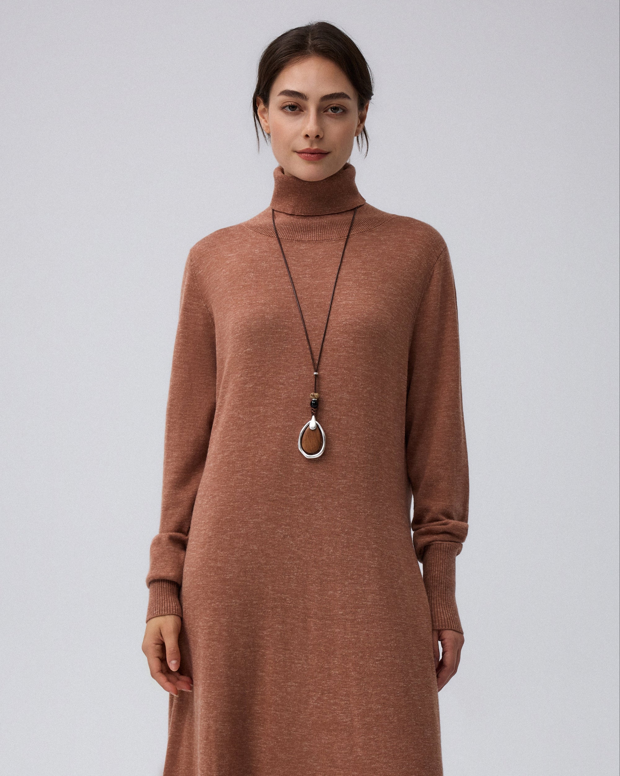 Juana Turtleneck Maxi Dress in Chestnut (merino wool–hemp–silk blend) shown close up with the turtleneck
