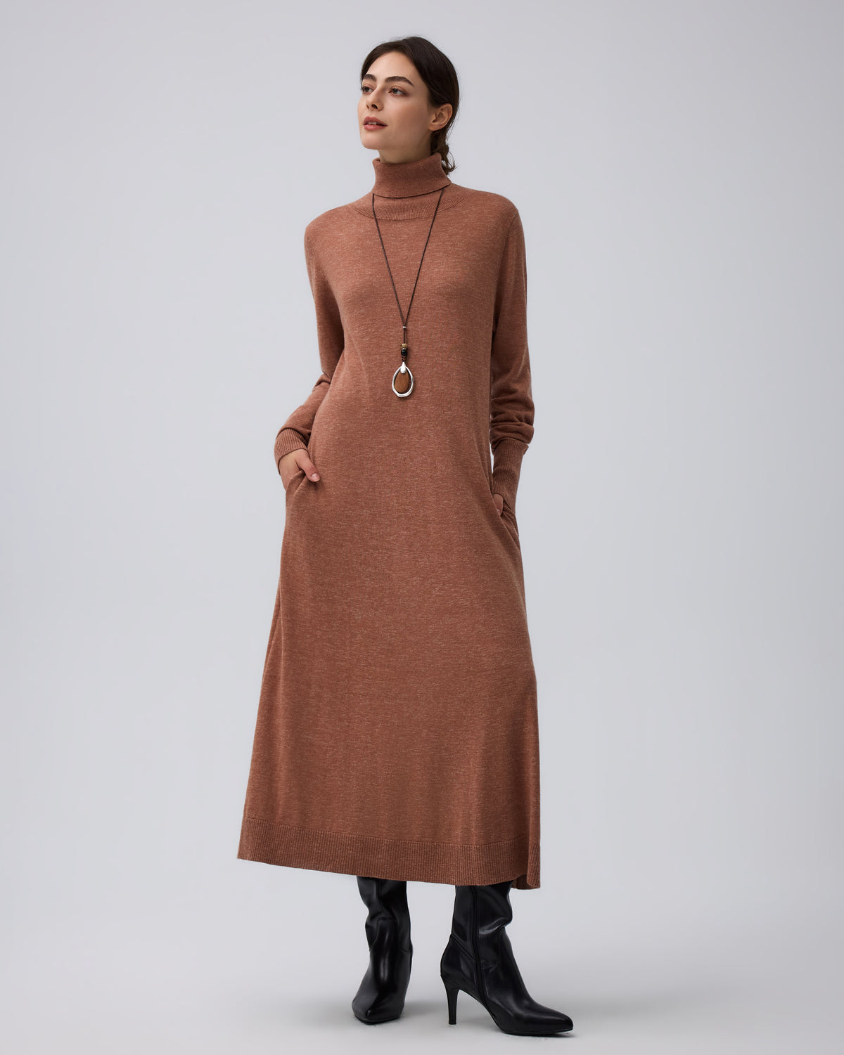 Juana Turtleneck Maxi Dress in Chestnut (merino wool–hemp–silk blend) styled for daytime wear with the turtleneck and A-line skirt visible.
