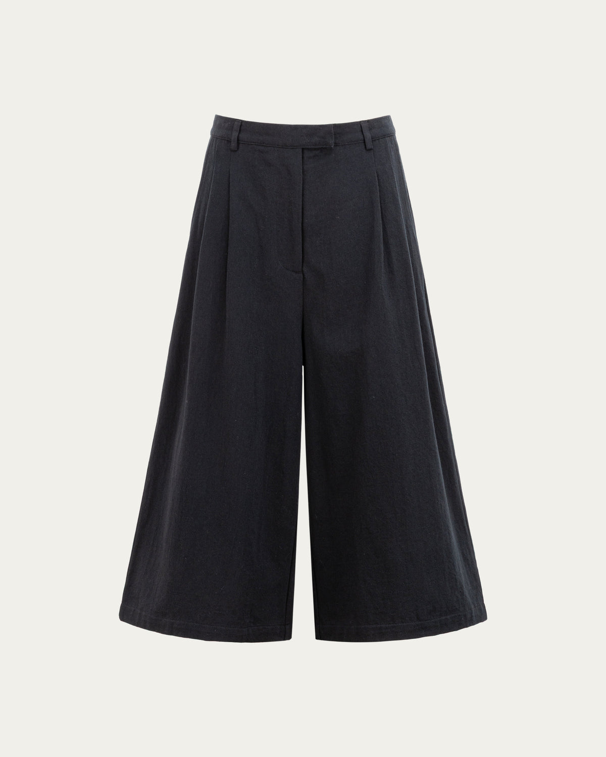 Juana Wide Leg Culotte Shorts Black (hemp–cotton) ghost front view showing the cropped wide-leg silhouette