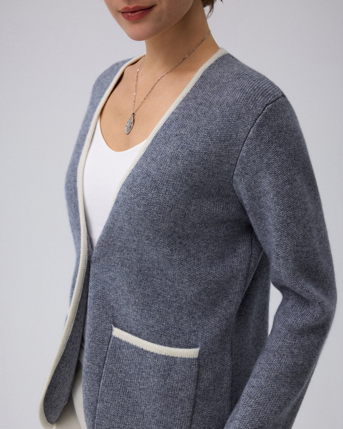 Juana Wool Cashmere Sweater Blazer in Heather Gray (wool–cashmere) showing the natural abalone shell button and patch pocket
