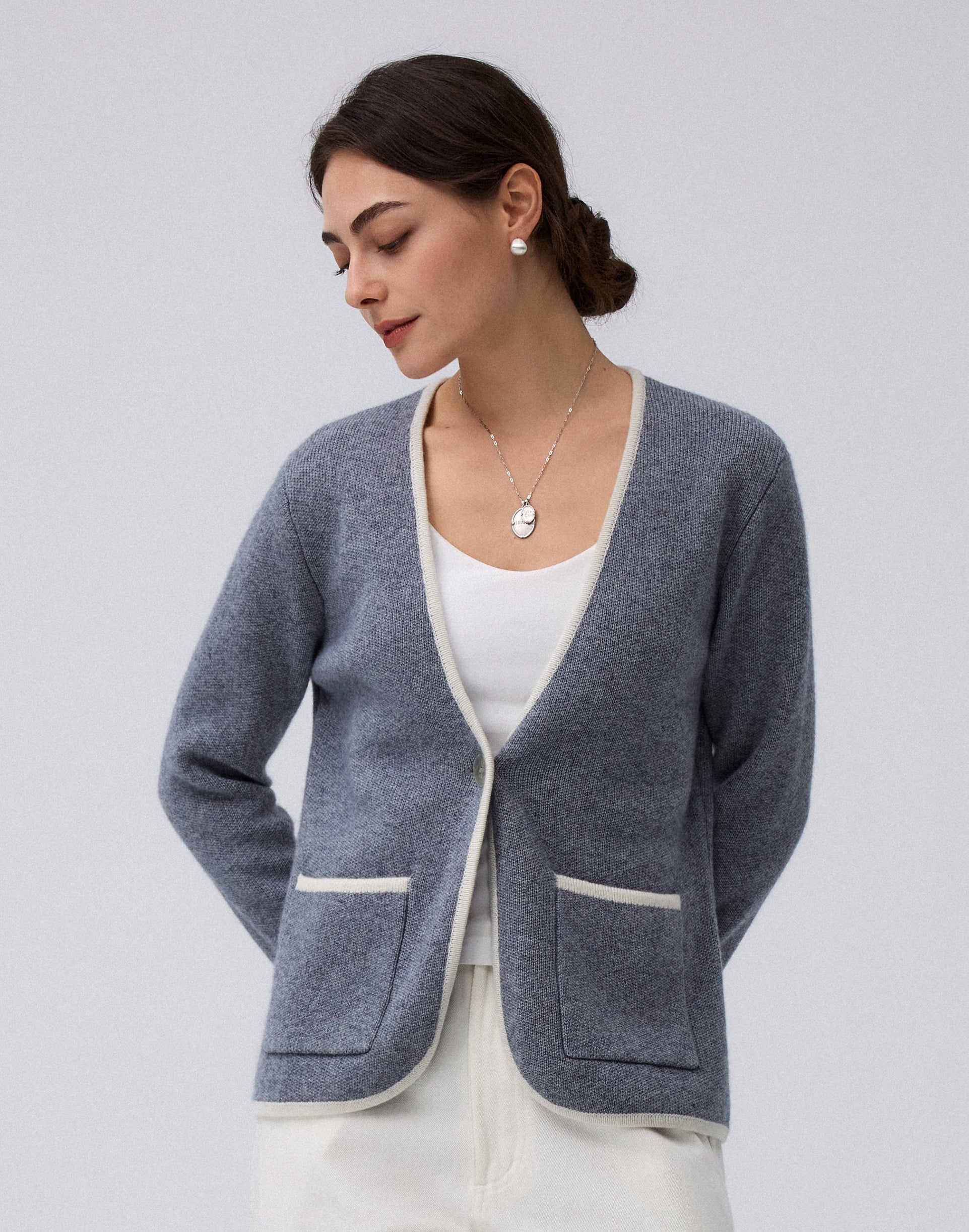 Juana Wool Cashmere Sweater Blazer in Heather Gray (wool–cashmere) styled with tailored separates and long sleeves