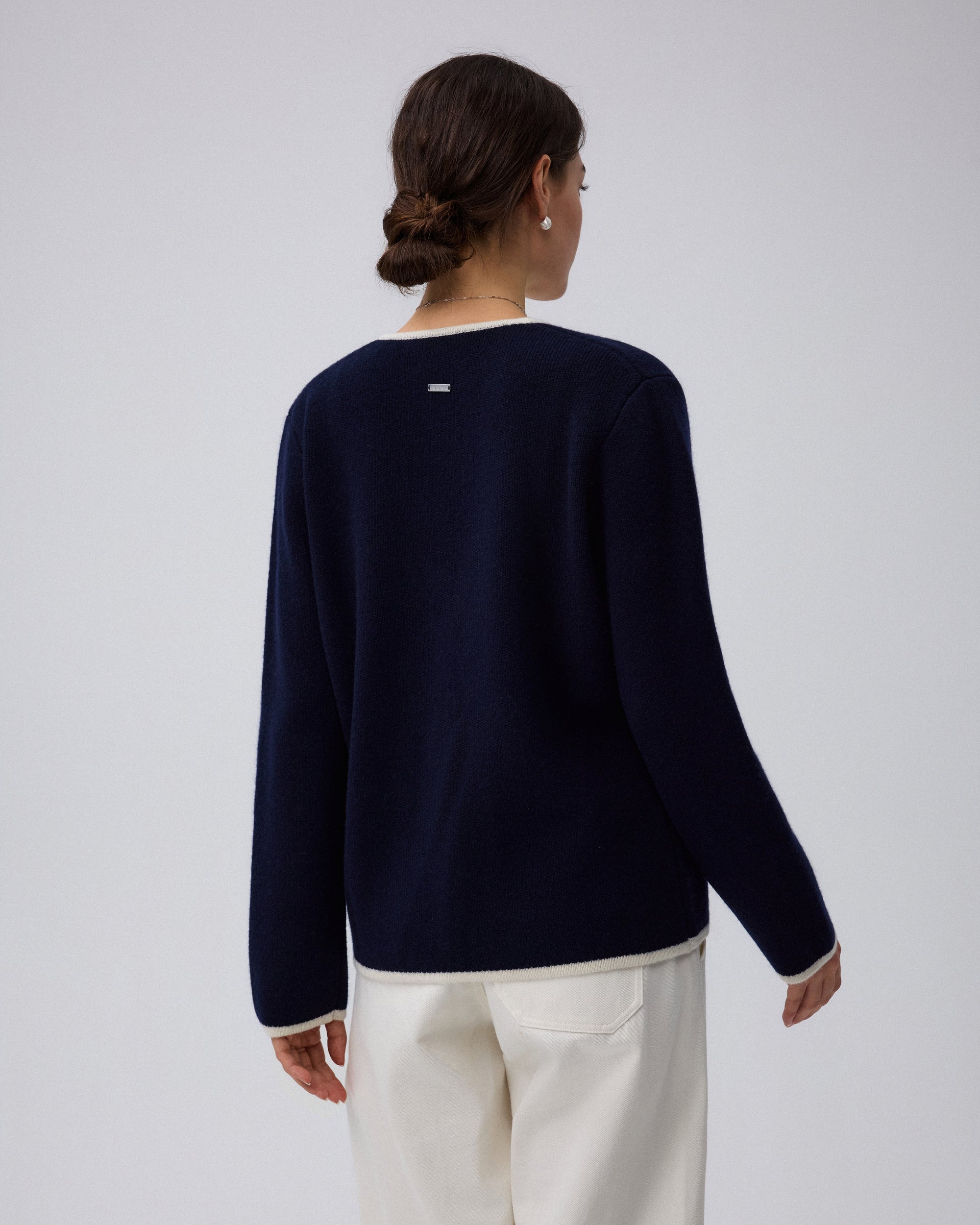 Juana Wool Cashmere Sweater Blazer in Navy (wool–cashmere) shown from the back with a clean semi-fitted shape