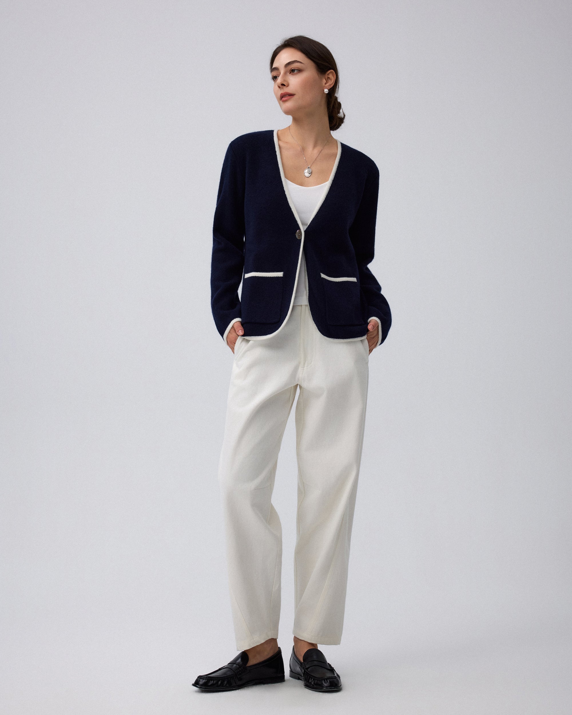 Juana Wool Cashmere Sweater Blazer in Navy (wool–cashmere) shown as part of a refined layered outfit