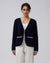 Juana Wool Cashmere Sweater Blazer in Navy (wool–cashmere) worn with the open V-front and semi-fitted silhouette