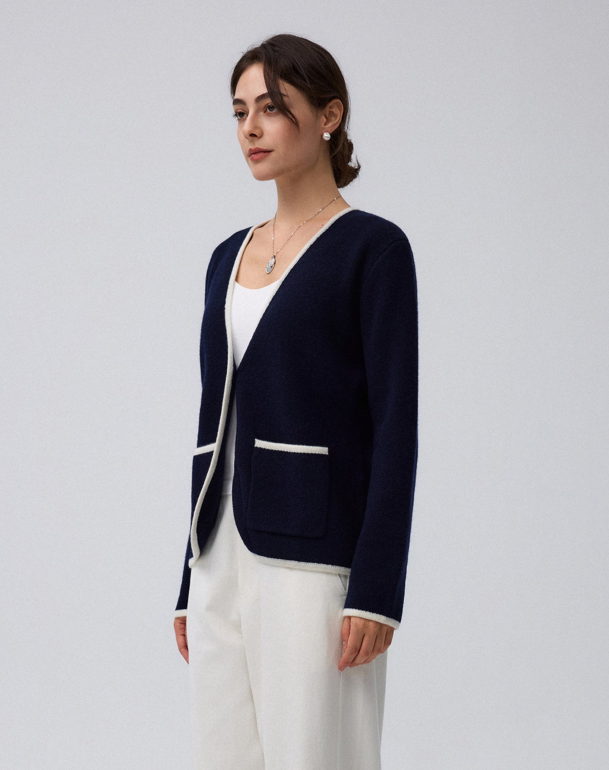 Juana Wool Cashmere Sweater Blazer in Navy (wool–cashmere) shown from the side with heavyweight knit structure