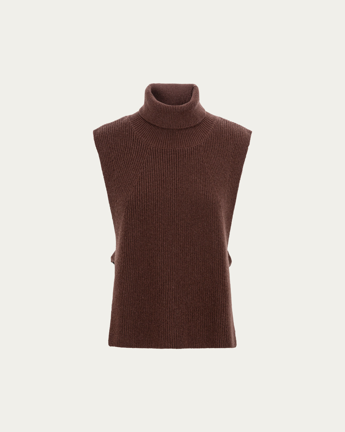Juana Wool Cashmere Sweater Vest in Chocolate (wool–cashmere) shown in a ghost front view with a high neckline and sleeveless shape.