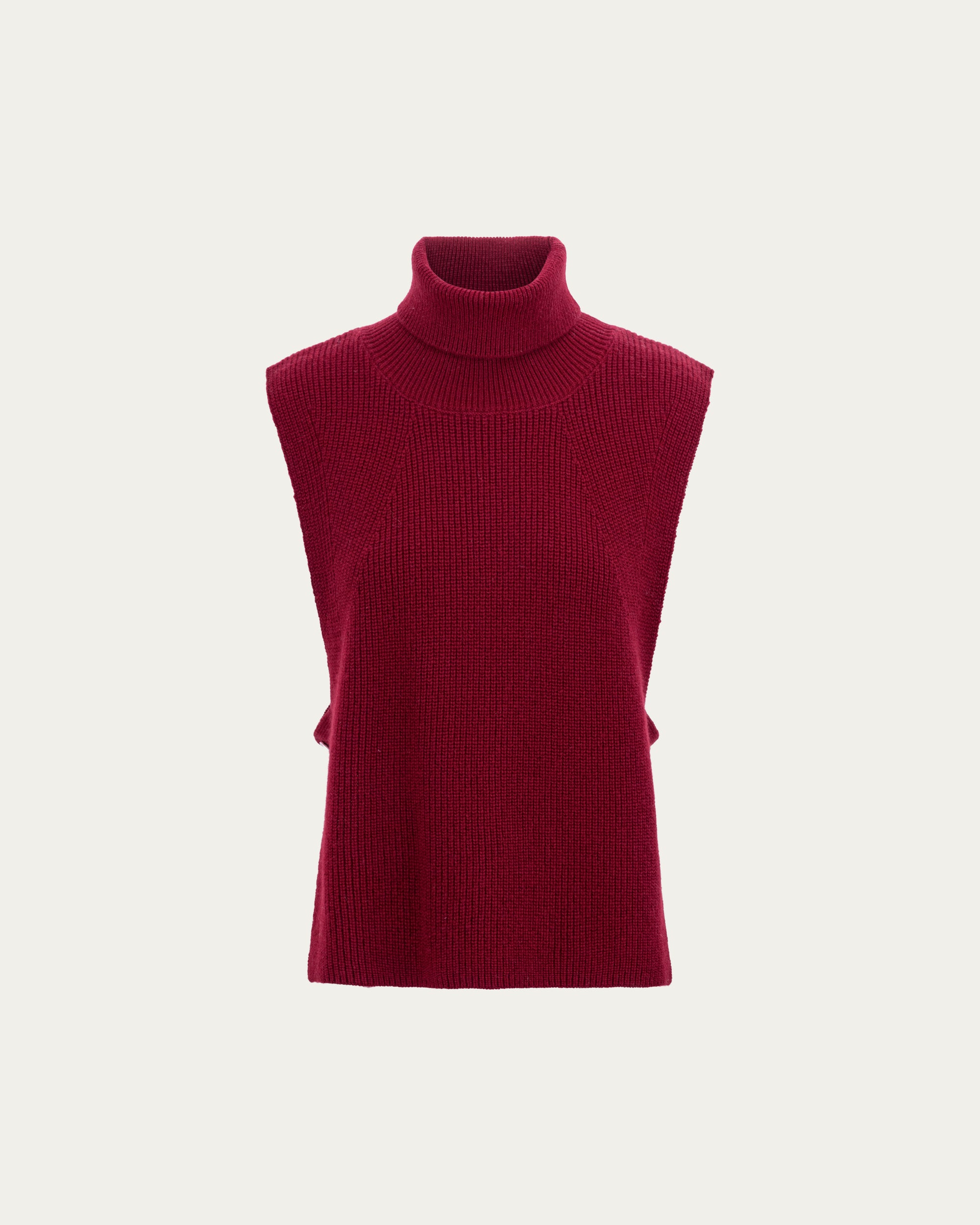 Juana Wool Cashmere Sweater Vest in Pomegranate (wool–cashmere) shown in a ghost front view with a high neckline and sleeveless shape.