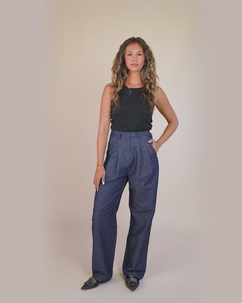 360-degree video of model wearing Juana Hemp High Rise Trousers, showcasing movement and full silhouette.