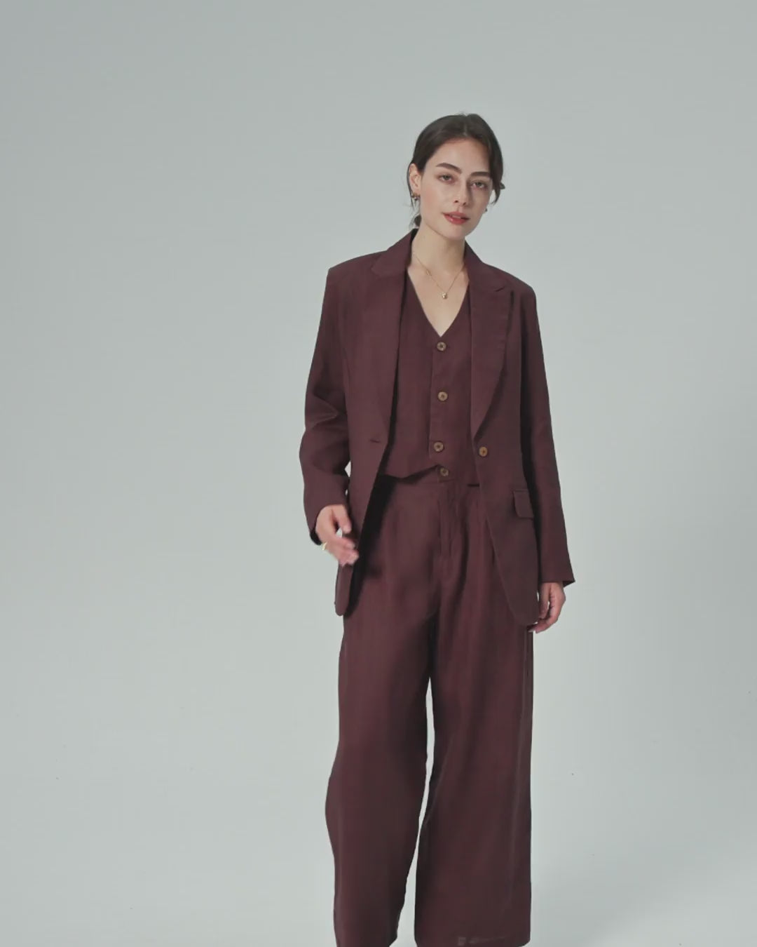 Juana Hemp Tailored Blazer in espresso (hemp) rotating model view showing the relaxed fit, lining, and tailored construction