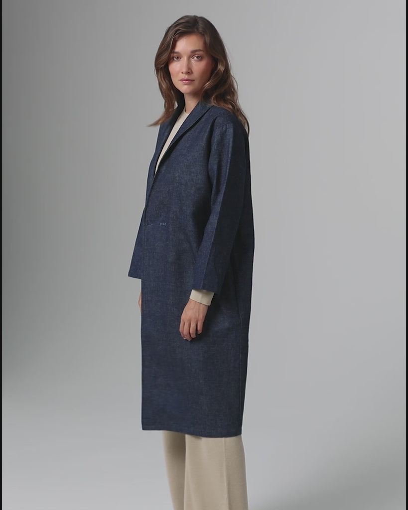 360° video of model wearing Denim Atelier Trench Coat (indigo denim), showing silhouette, drape, and movement.