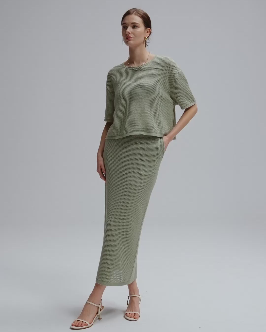 Juana Marina Crochet Tee Sage (sustainable cotton–hemp) 360 video showing oversized fit and open knit movement