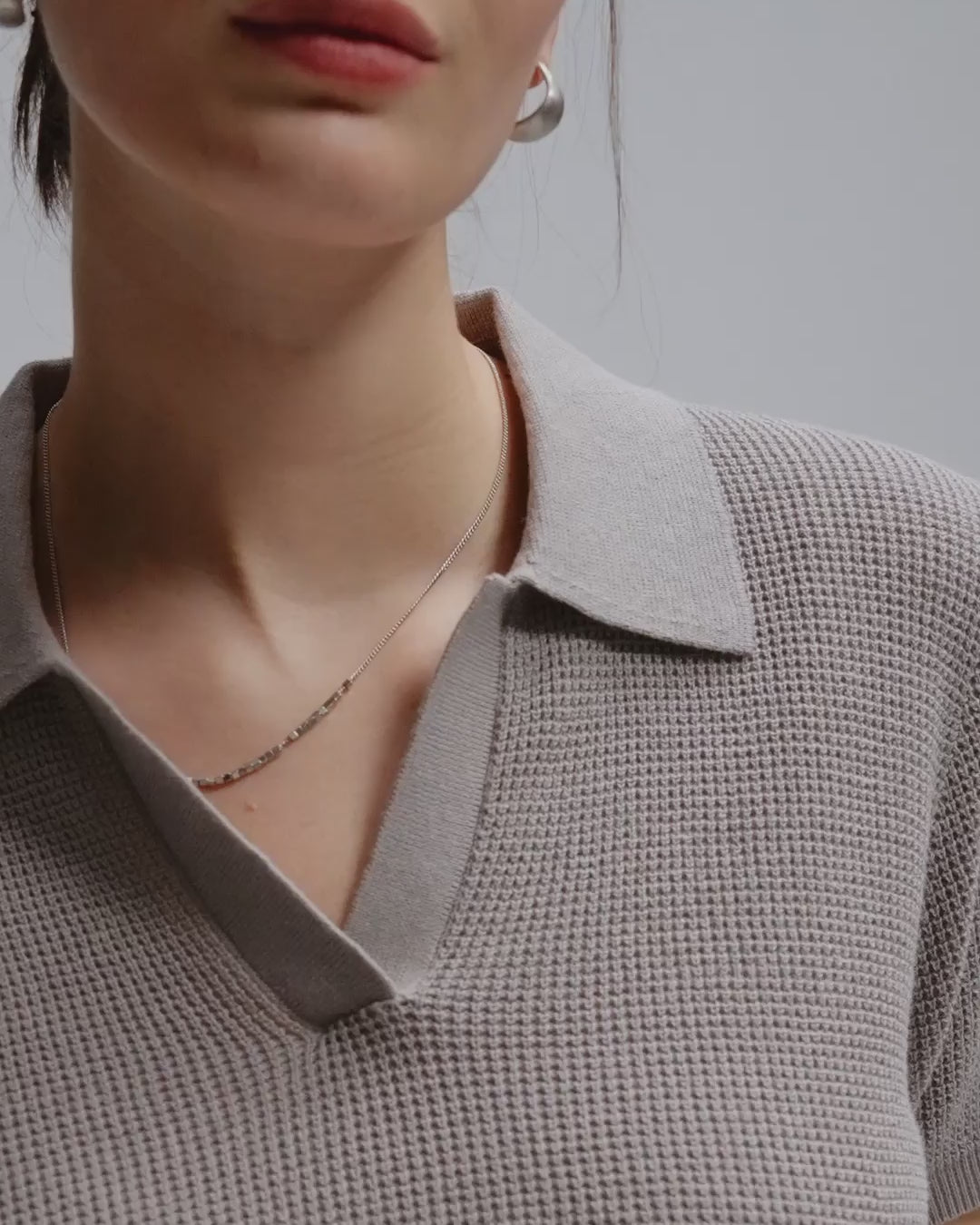 Juana Noa Open Knit Top light gray (sustainable cotton–hemp) 360 view showing open-knit texture and cropped silhouette