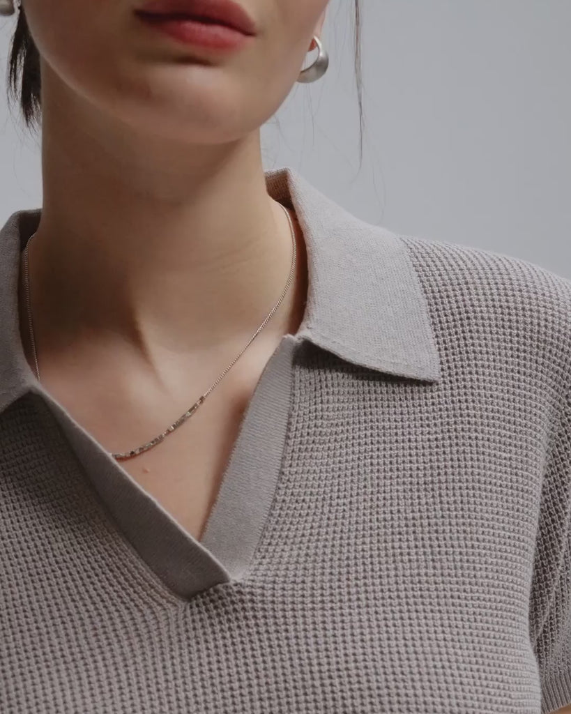Juana Noa Open Knit Top light gray (sustainable cotton–hemp) 360 view showing open-knit texture and cropped silhouette