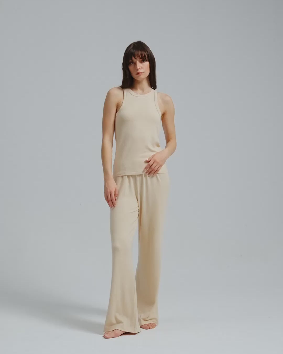 Juana Selene Lounge Pants tan (hemp–tencel–spandex) 360 model view showing relaxed drape
