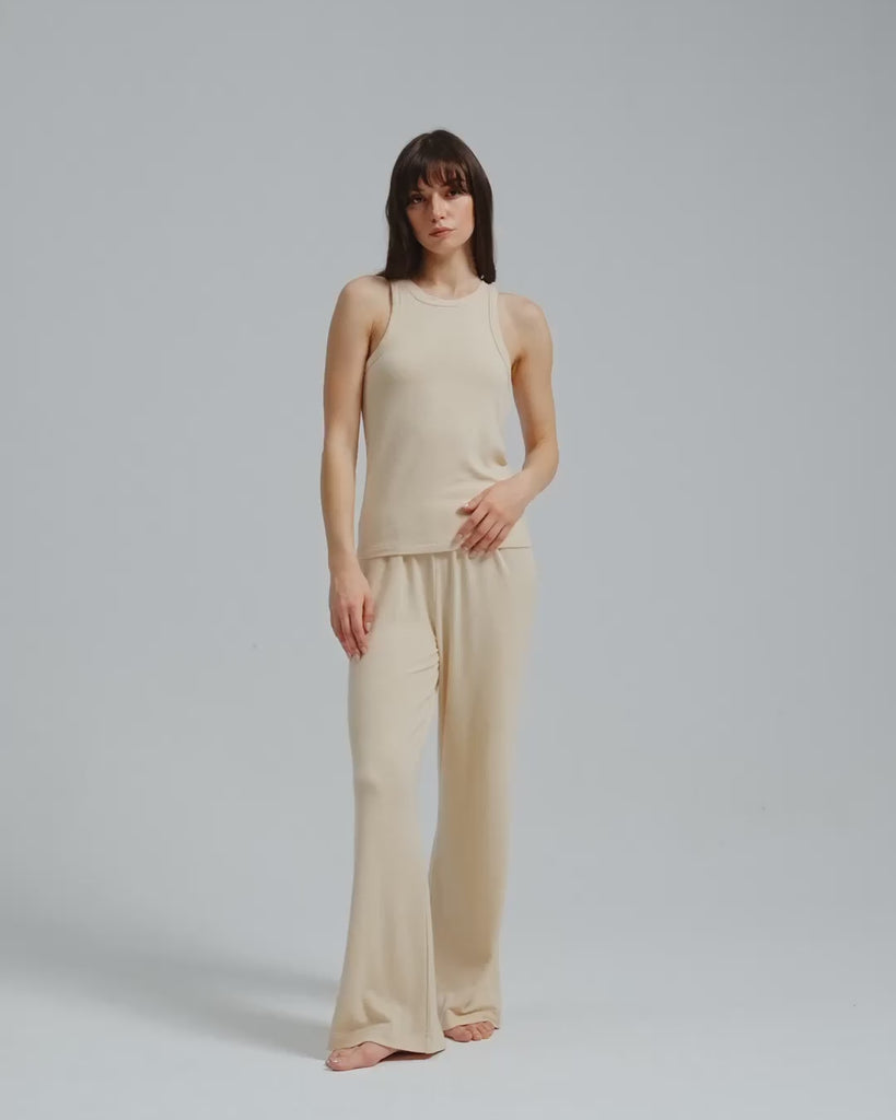 Juana Selene Lounge Pants tan (hemp–tencel–spandex) 360 model view showing relaxed drape