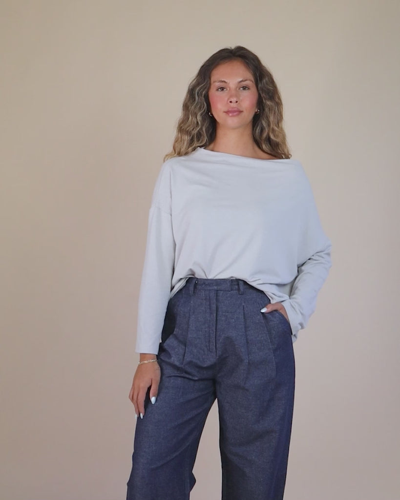 360-degree video of model wearing Juana Hemp Essentials Off The Shoulder Top in ash, showing design and fit from all angles.