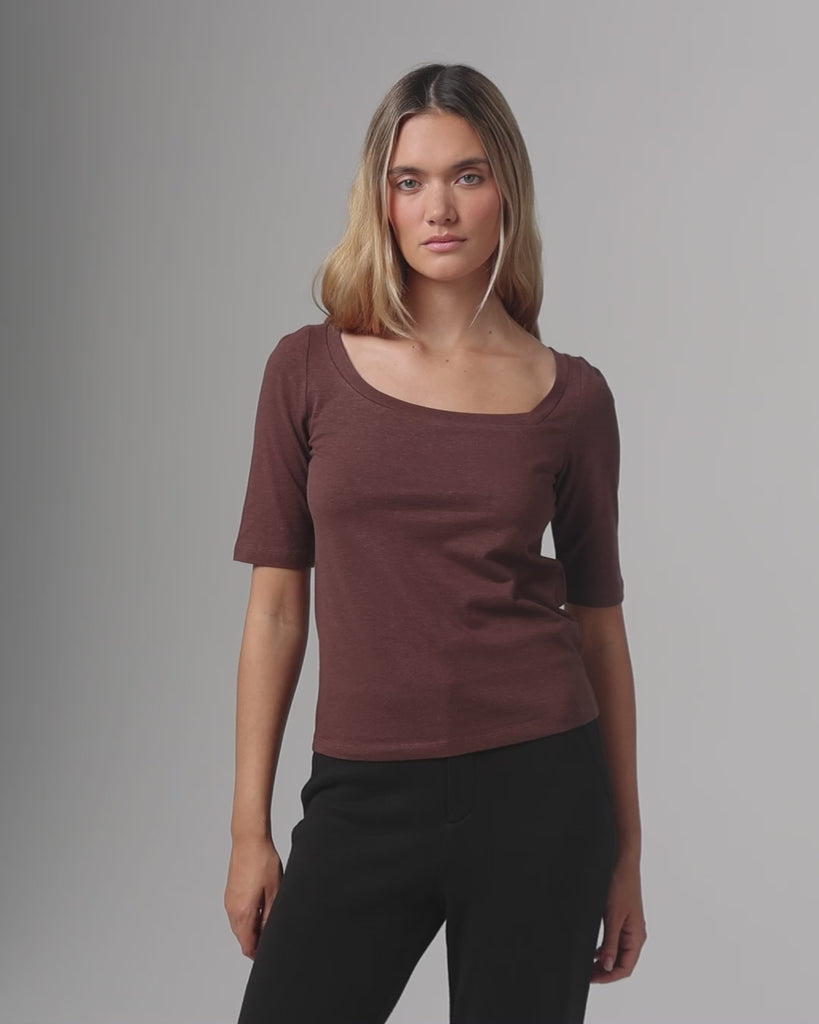 360° video of model wearing Asymmetrical Neckline Tee (cacao), showing fit, drape, and movement.