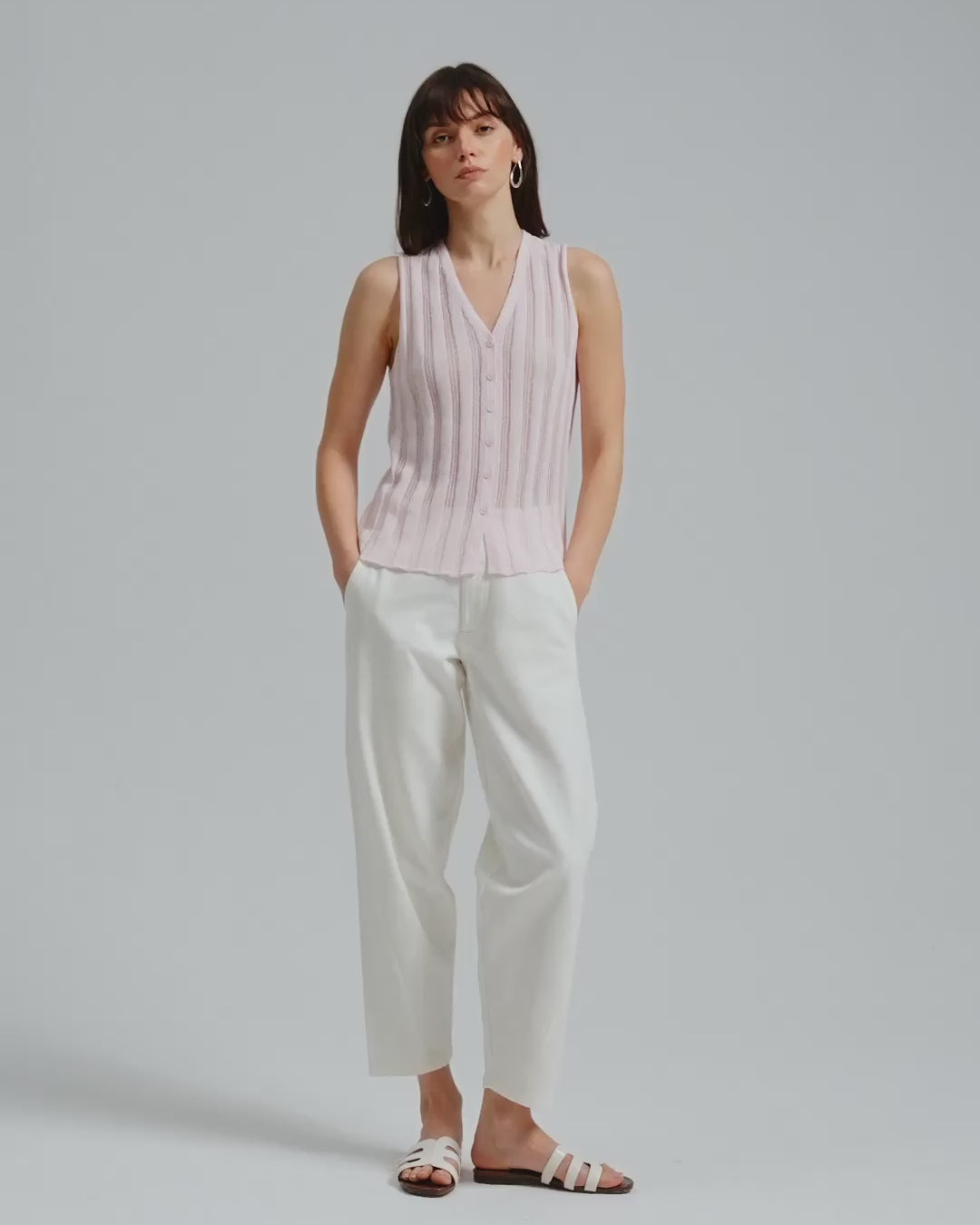 Juana Sumire Open Knit Button Front Tank light pink (cotton–cellulose–rayon blend) 360 view with button front and open knit texture