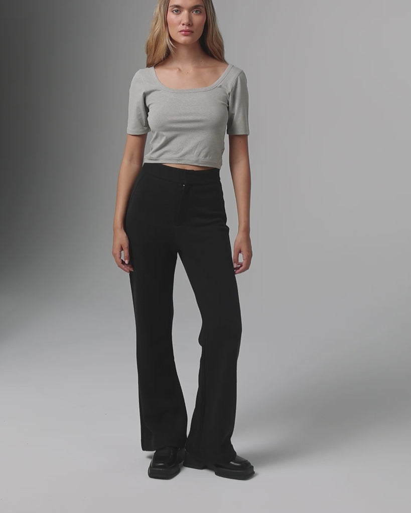 360-degree video of model wearing Classic Low Rise Straight Leg Pants (black) and Classic Square Neck T-Shirt (gray), showing fit, drape, and movement.