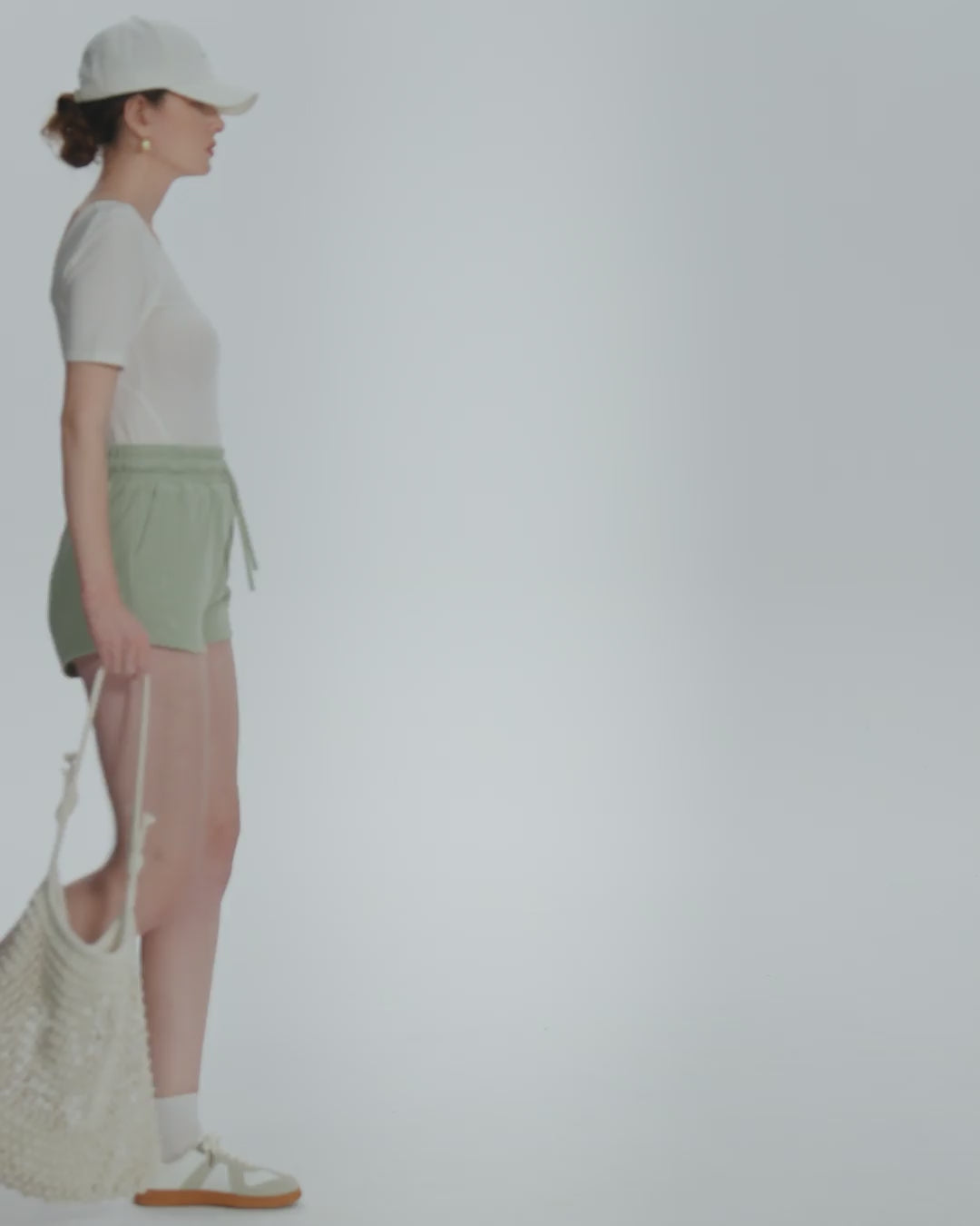 Juana Hemp Essentials French Terry Shorts light sage (sustainable hemp–organic cotton) 360 video showing relaxed fit and movement